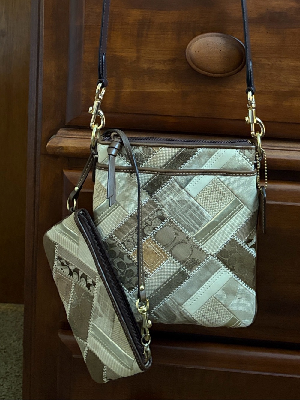 Patchwork Beige Crossbody Bag with Wristlet - Designer Style *READ*